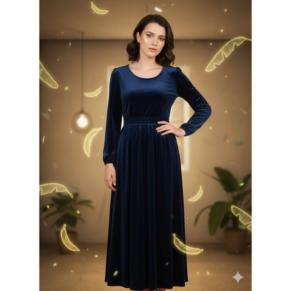 Soft Surroundings Long Sleeve Velvet Maxi Dress Women's Large Dark Blue Pockets - Picture 1 of 11